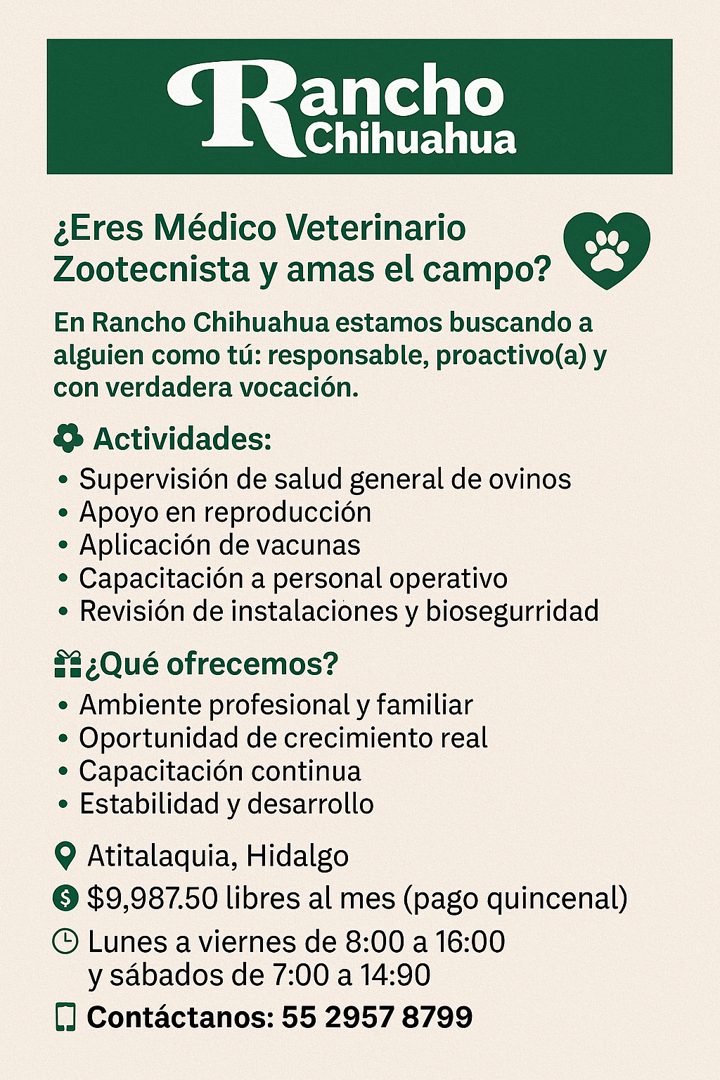 Banner del anuncio de la vacante: Rancho · Chihuahua · ¿Eres Médico Veterinario · Zootecnista y amas el campo? · En Rancho Chihuahua estamos buscando a · alguien como tú: res
