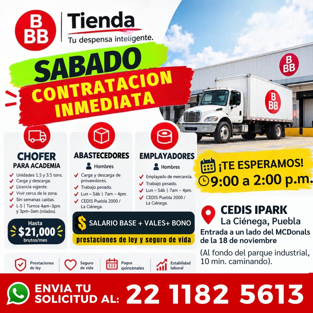 Banner del anuncio de la vacante: B · Tienda · BB · Tu despensa inteligente. · SABADO · CONTRATACION · INMEDIATA · V · V · V · V · CHOFER · PARA ACADEMIA · Unidades 1.5 y 3.5