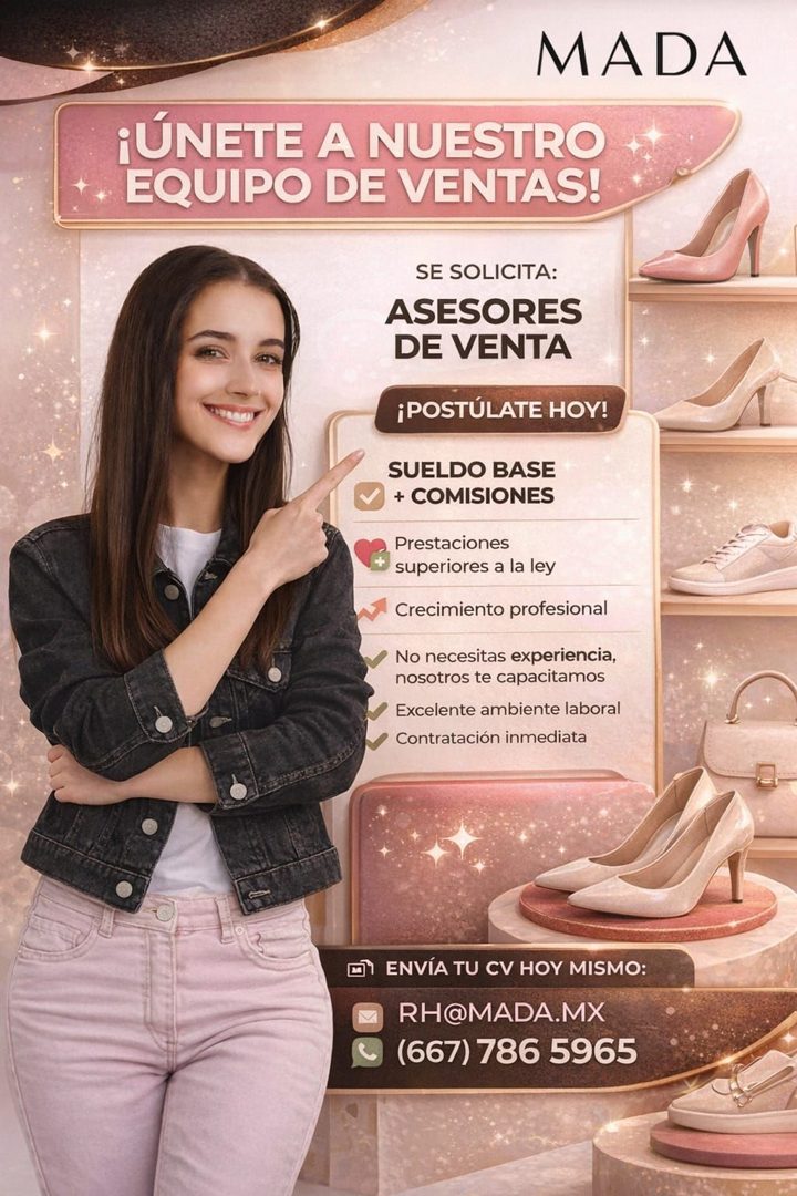 Banner del anuncio de la vacante: MADA · ¡ÚNETE A NUESTRO · EQUIPO DE VENTAS! · SE SOLICITA: · ASESORES · DE VENTA · ¡POSTÚLATE HOY! · SUELDO BASE · + COMISIONES · Prestacion