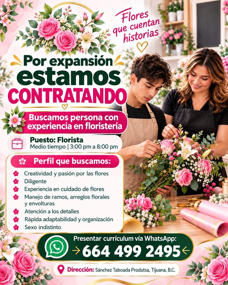 Banner del anuncio de la vacante: Flores · que cuentan · historias · Por expansión · estamos · CONTRATANDO · Buscamos persona con · experiencia en floristería · Puesto: Flori
