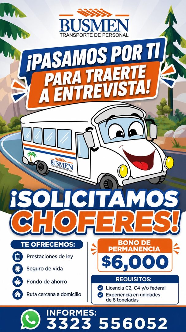 Banner del anuncio de la vacante: BUSMEN · TRANSPORTE DE PERSONAL · ¡PASAMOS POR TI · PARA TRAERTE · A ENTREVISTA! · BUSMEN · TRANSACKTE DE PERSONAL · ¡SOLICITAMOS · CHOFERES