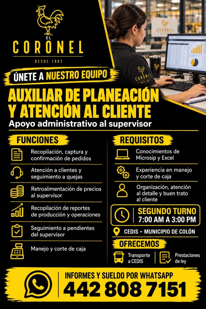 Banner del anuncio de la vacante: EL · CORONEL · DESDE 1962 · ÚNETE A NUESTRO EQUIPO · CORONEL · 01106 1011 · AUXILIAR DE PLANEACION · Y ATENCIÓN AL CLIENTE · Apoyo administr