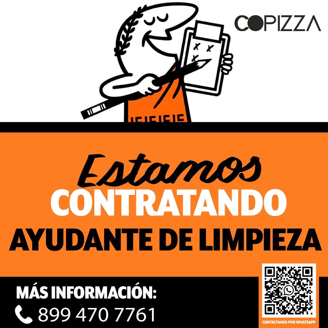 Banner del anuncio de la vacante: COPIZZA · Estamos · CONTRATANDO · AYUDANTE DE LIMPIEZA · MÁS INFORMACIÓN: · < 899 470 7761 · CONTÁCTANOS POR WHATSAPP