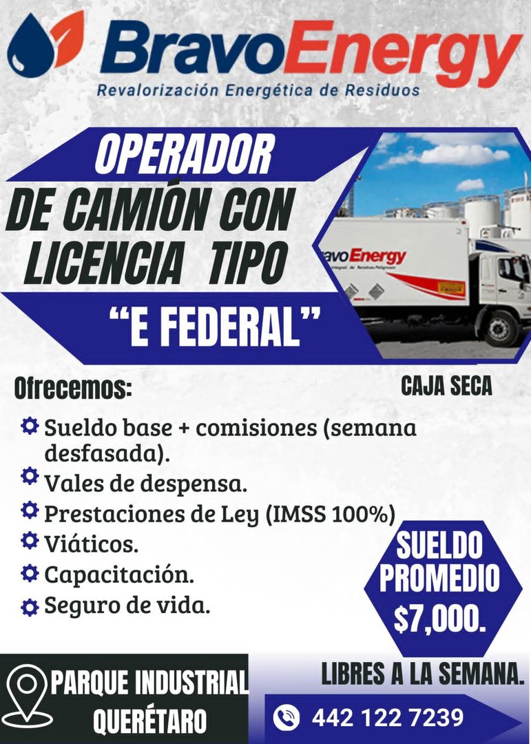 Banner del anuncio de la vacante: BravoEnergy · Revalorización Energética de Residuos · OPERADOR · DE CAMION CON · LICENCIA TIPO · "E FEDERAL" · avo Energy · Ofrecemos: · * S
