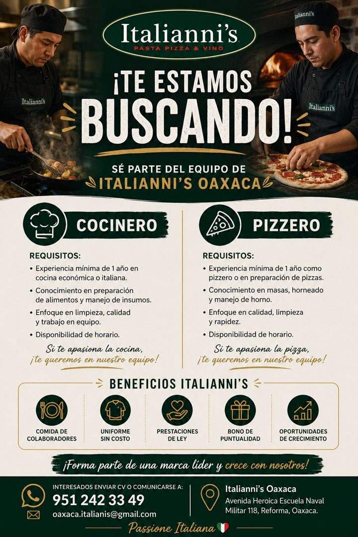 Banner del anuncio de la vacante: falianni's · Italianni's · PASTA PIZZA & VINO · Italianni's · ¡TE ESTAMOS · BUSCANDO!‹ · SÉ PARTE DEL EQUIPO DE · ITALIANNI'S OAXACAL · COCI