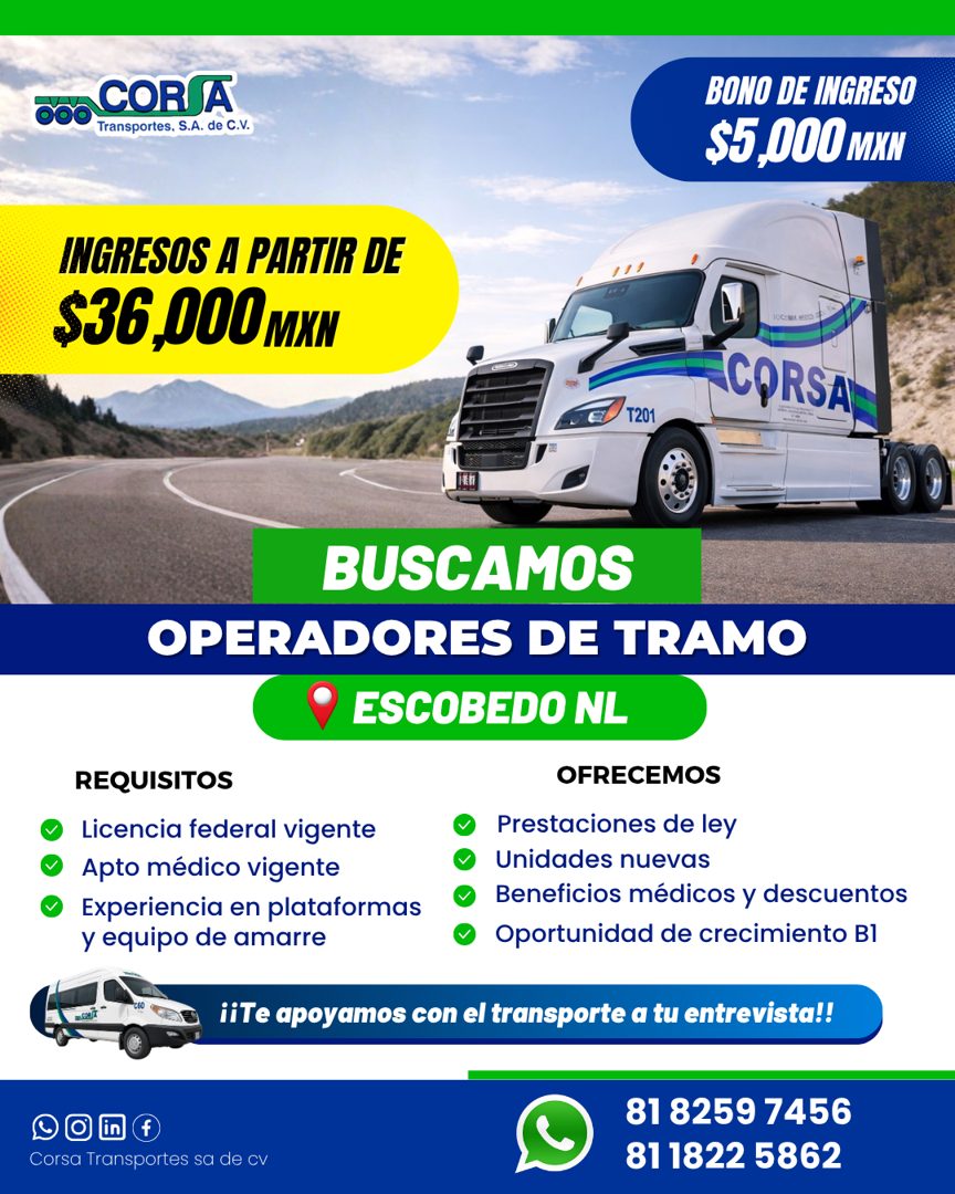 Banner del anuncio de la vacante: CORA · Transportes, S.A. de C.V. · BONO DE INGRESO · $5,000 MXN · INGRESOS A PARTIR DE · $36,000 MXN · T201 · CORSA · BUSCAMOS · OPERADORES 