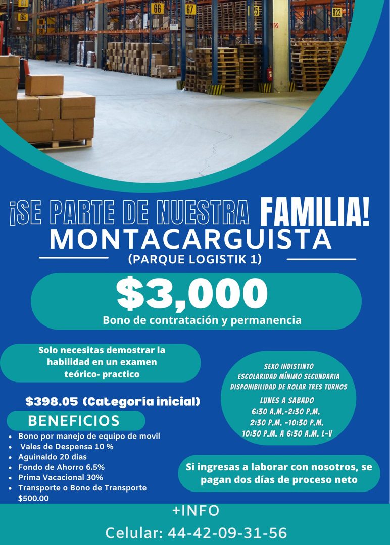 Banner del anuncio de la vacante: 923 · ¡SE PARTE DE NUESTRA FAMILIA! · MONTACARGUISTA · (PARQUE LOGISTIK 1) · $3,000 · Bono de contratación y permanencia · Solo necesitas de