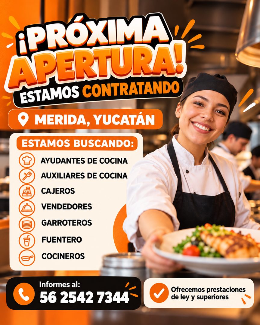 Banner del anuncio de la vacante: PRÓXIMA · APERTURA! · ESTAMOS CONTRATANDO · 9 MERIDA, YUCATÁN · ESTAMOS BUSCANDO: · AYUDANTES DE COCINA · AUXILIARES DE COCINA · CAJEROS · V