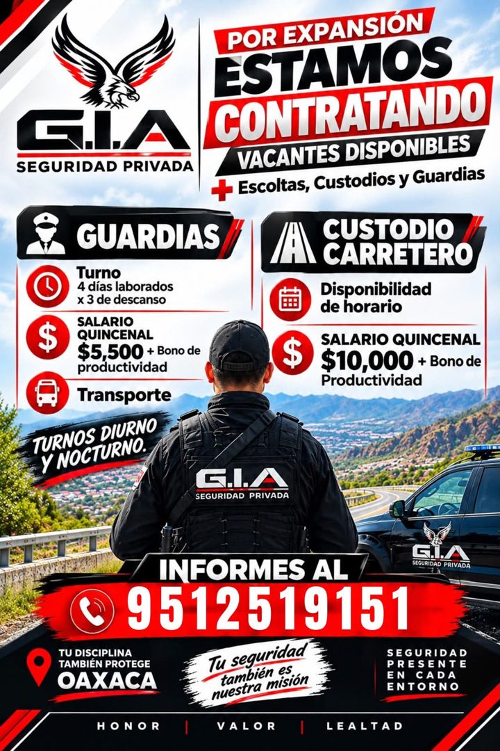 Banner del anuncio de la vacante: E.I.A · SEGURIDAD PRIVADA · GUARDIAS · Turno · 4 días laborados · x 3 de descanso · SALARIO · QUINCENAL · $5,500 + Bono de · productividad ·