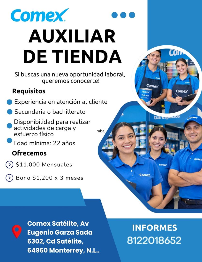 Banner del anuncio de la vacante: Comex. · AUXILIAR · DE TIENDA · Si buscas una nueva oportunidad laboral, · ¡queremos conocerte! · Requisitos · • Experiencia en atención al 