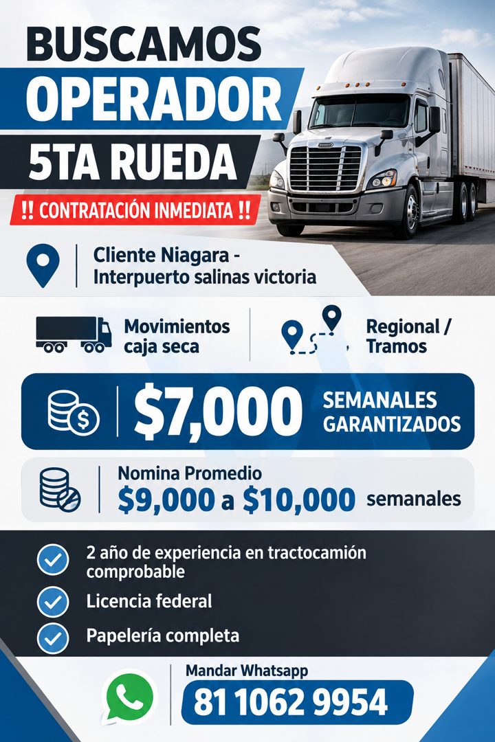 Banner del anuncio de la vacante: BUSCAMOS · OPERADOR · 5TA RUEDA · !! CONTRATACIÓN INMEDIATA !! · Cliente Niagara - · Interpuerto salinas victoria · Movimientos · caja seca 