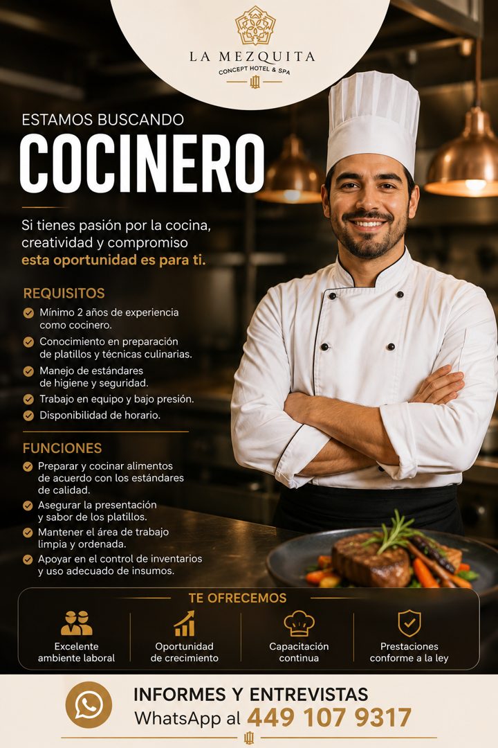 Banner del anuncio de la vacante: LA MEZQUITA · CONCEPT HOTEL & SPA · ESTAMOS BUSCANDO · COCINERO · Si tienes pasión por la cocina, · creatividad y compromiso · esta oportuni