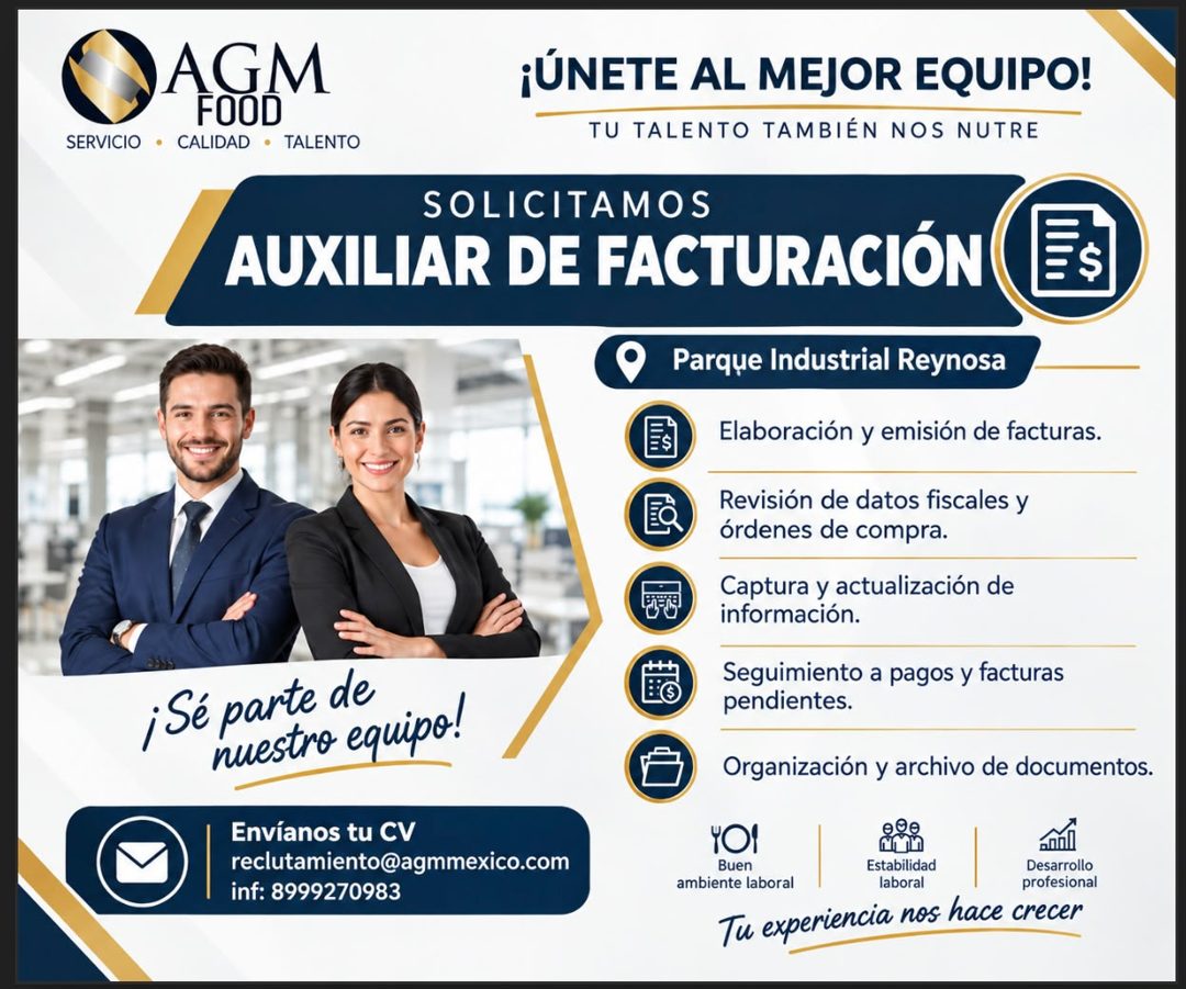 Banner del anuncio de la vacante: AGM · FOOD · SERVICIO • · CALIDAD • TALENTO · ¡ÚNETE AL MEJOR EQUIPO! · TU TALENTO TAMBIÉN NOS NUTRE · SOLICITAMOS · AUXILIAR DE FACTURACIÓN