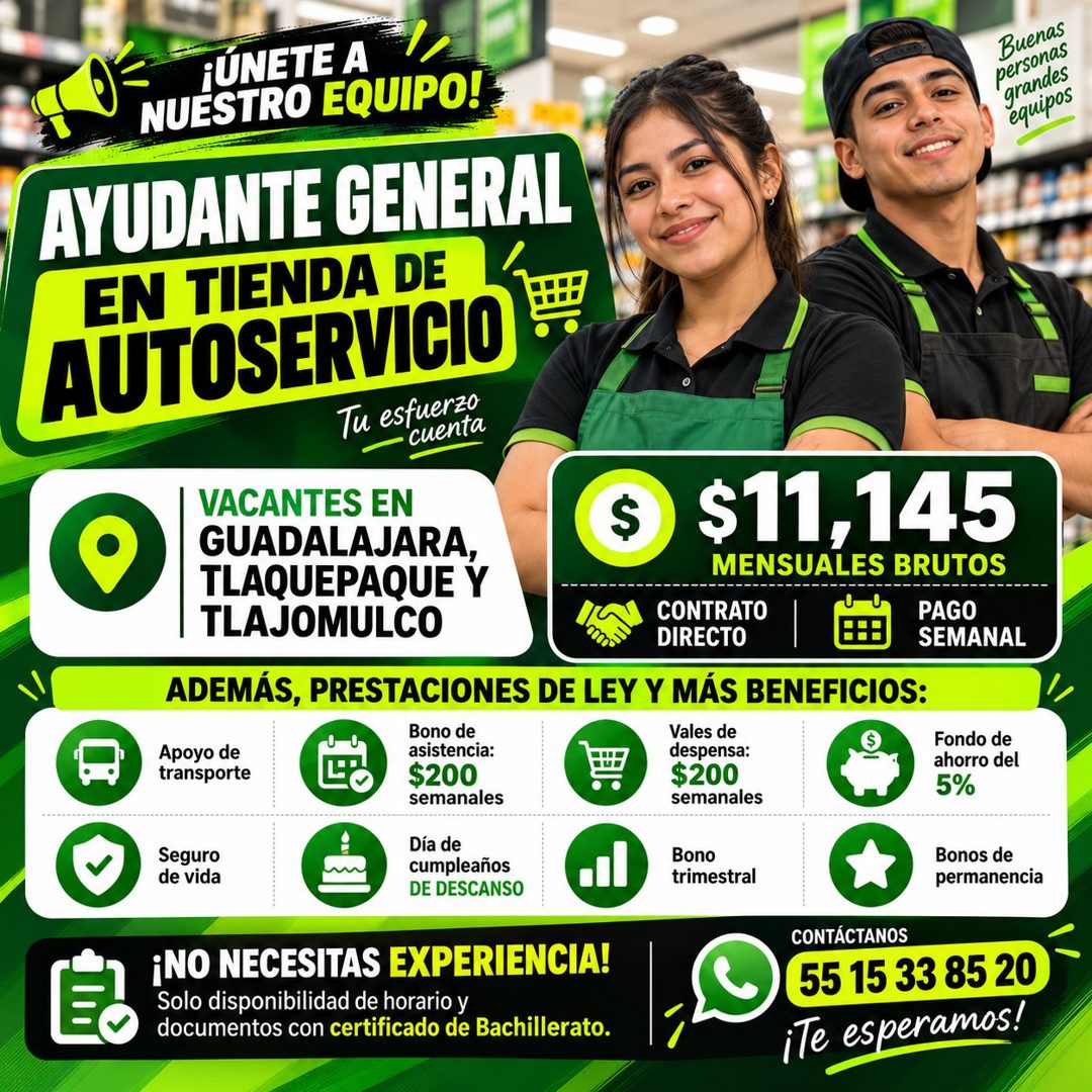 Banner del anuncio de la vacante: ¡UNETE A · NUESTRO EQUIPO! · personas · grandes · equipos · AYUDANTE GENERAL · EN TIENDA DE · AUTOSERVICIO · Tu esfuerzo · cuenta · VACANTES