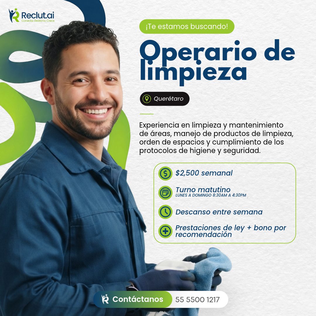 Banner del anuncio de la vacante: Reclutai · Conecta. Gestiona. Crece · ¡Te estamos buscando! · Operario de · limpieza · Querétaro · Experiencia en limpieza y mantenimiento ·