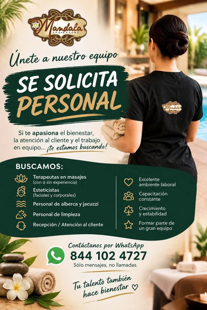 Banner del anuncio de la vacante: andala · SPA-RESORT · Unete a nuestro equipo · SE SOLICITA · PERSONAL · andala · Si te apasiona el bienestar, · la atención al cliente y el 