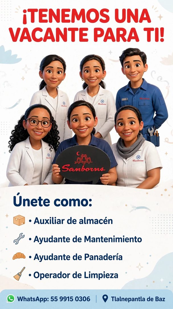 Banner del anuncio de la vacante: ¡TENEMOS UNA · VACANTE PARA TI! · Soutoroe · Sanborne · Samborns · Sanborns · Unete como: · • Auxiliar de almacén · • Ayudante de Mantenimie