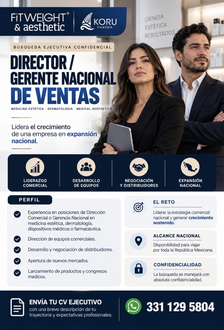 Banner del anuncio de la vacante: FiTWEIGHT · & aesthetic · KORU · PHARMA · CIENCIA · ESTÉTICA · RESULTADOS · BÚSQUEDA EJECUTIVA CONFIDENCIAL · DIRECTOR / · GERENTE NACIONAL 