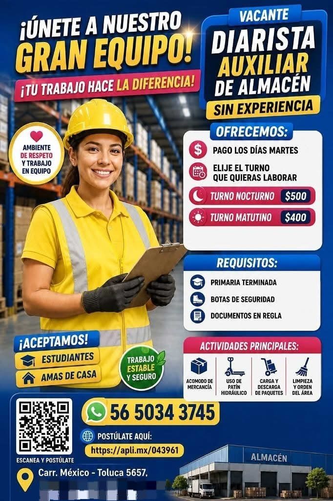 Banner del anuncio de la vacante: ¡ÚNETE A NUESTRO · GRAN EQUIPO! · ¡TU TRABAJO HACE LA DIFERENCIA! · AMBIENTE · DE RESPETO · Y TRABAJO · EN EQUIPO · VACANTE · DIARISTA · AUX