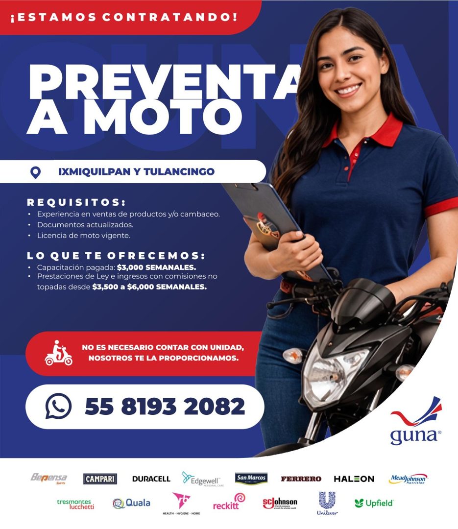 Banner del anuncio de la vacante: ¡ESTAMOS CONTRATANDO! · PREYFOTA · IXMIQUILPAN Y TULANCINGO · REQUISITOS: · • Experiencia en ventas de productos y/o cambaceo. · • Documento