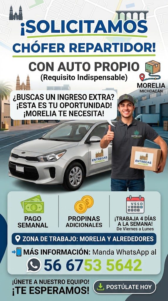 Banner del anuncio de la vacante: ManA · ¡SOLICITAMOS · CHÓFER REPARTIDOR! · CON AUTO PROPIO · (Requisito Indispensable) · MORELIA · MICHOACÁN · ¿BUSCAS UN INGRESO EXTRA? · ¡
