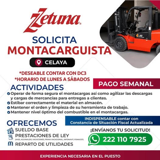 Banner del anuncio de la vacante: Jetuna · SOLICITA · MONTACARGUISTA · CELAYA · *DESEABLE CONTAR CON DC3 · *HORARIO DE LUNES A SÁBADOS · PAGO SEMANAL · ACTIVIDADES · © Operar
