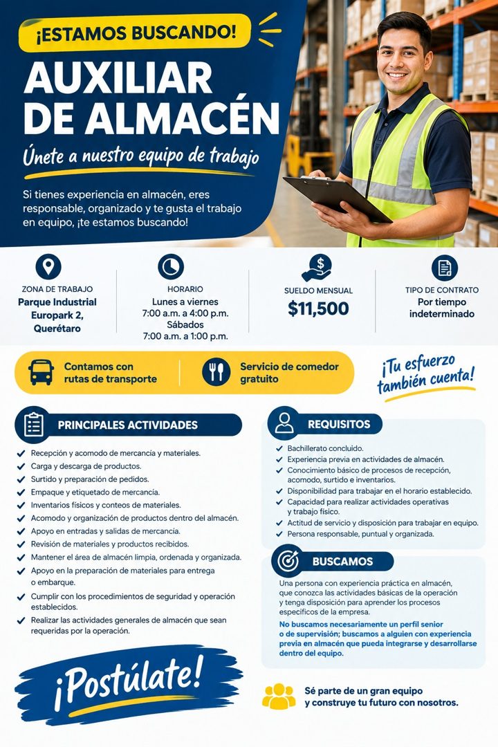 Banner del anuncio de la vacante: ¡ESTAMOS BUSCANDO! · AUXILIAR · DE ALMACÉN · Únete a nuestro equipo de trabajo · Si tienes experiencia en almacén, eres · responsable, organ