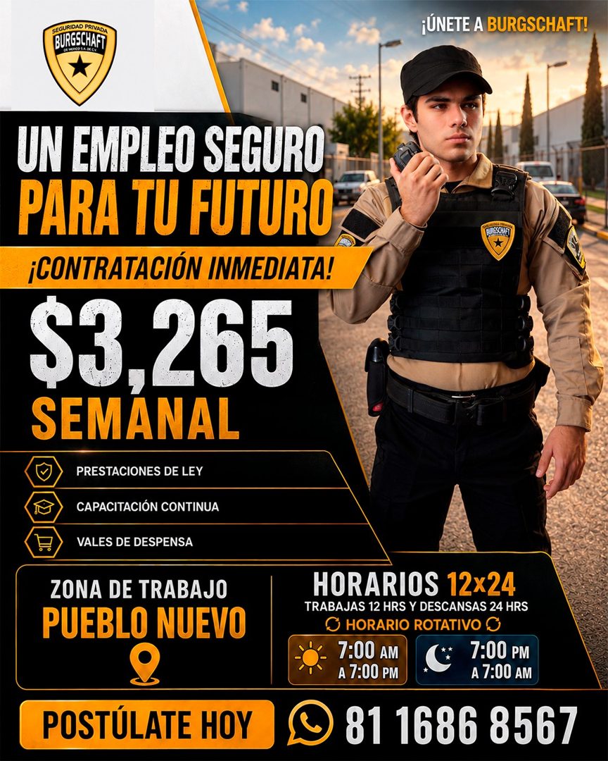 Banner del anuncio de la vacante: SEGURIDAD PRIVADA · BURGSCHAFT · OL MERCO LA OS CY · ¡ÚNETE A BURGSCHAFT! · UN EMPLEO SEGURO · PARA TU FUTURO · ¡CONTRATACIÓN INMEDIATA! · $