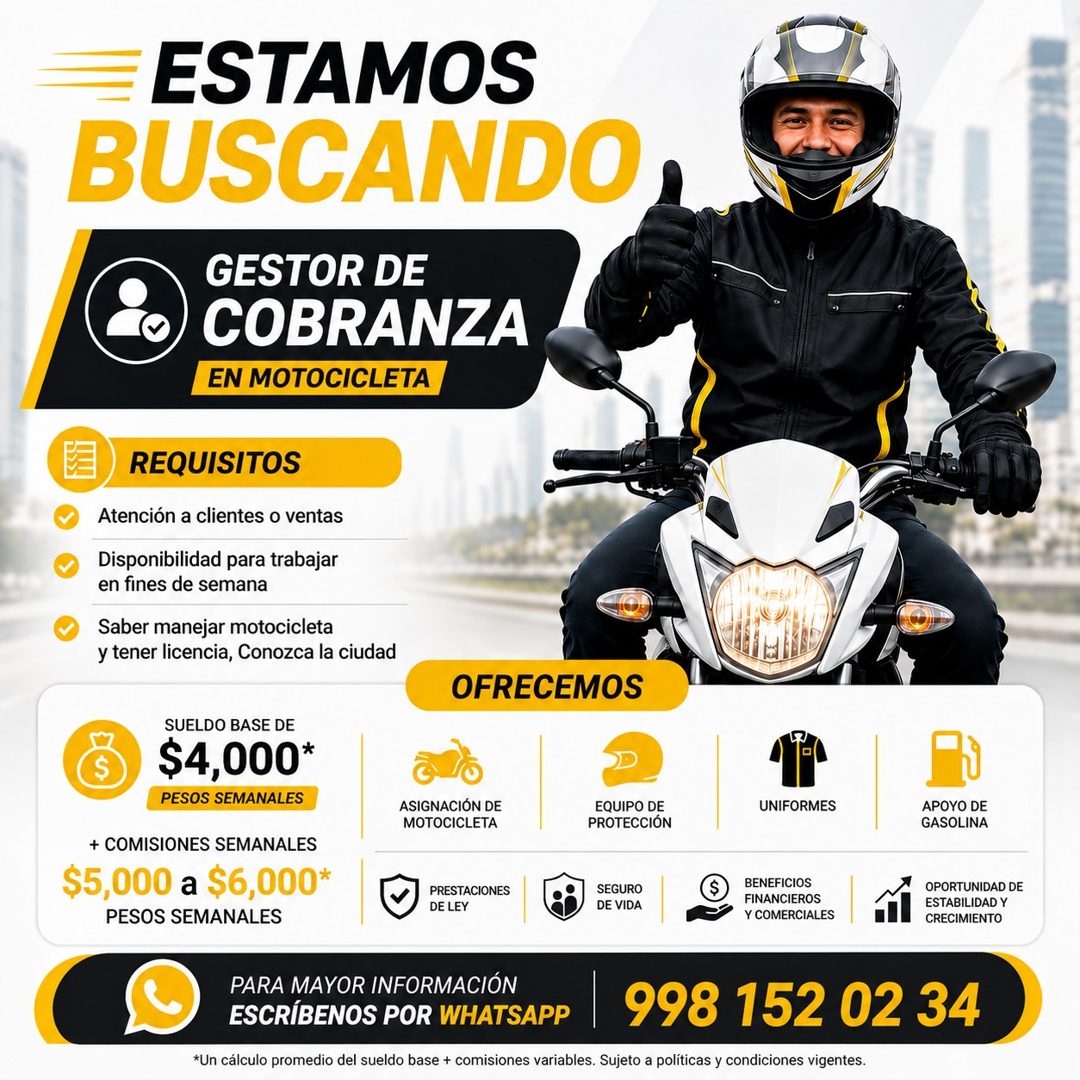 Banner del anuncio de la vacante: ESTAMOS · BUSCANDO · GESTOR DE · COBRANZA · EN MOTOCICLETA · REQUISITOS · Atención a clientes o ventas · Disponibilidad para trabajar · en f