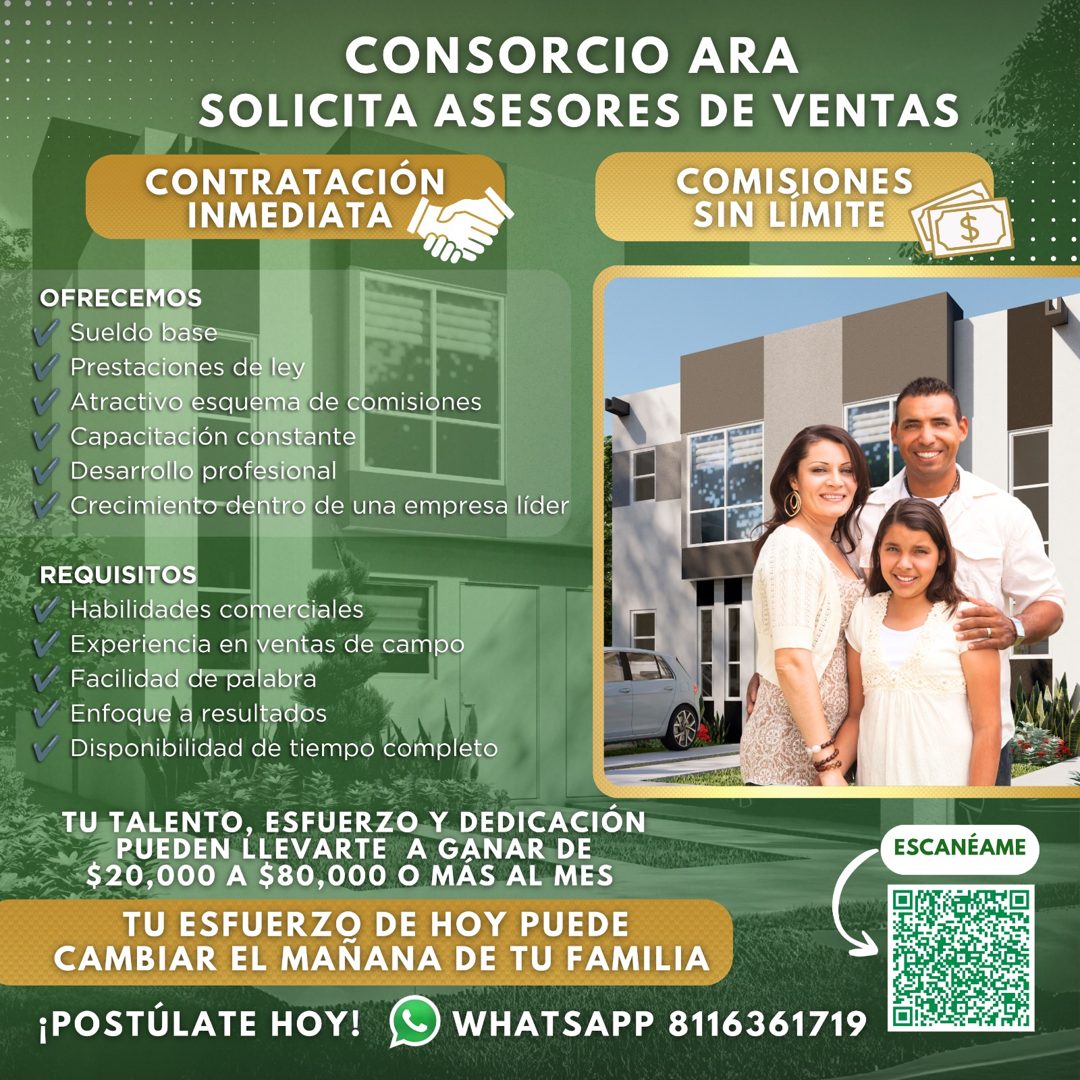 Banner del anuncio de la vacante: CONSORCIO ARA · SOLICITA ASESORES DE VENTAS · CONTRATACIÓN · INMEDIATA · COMISIONES · SIN LIMITE · OFRECEMOS · Sueldo base · Prestaciones de