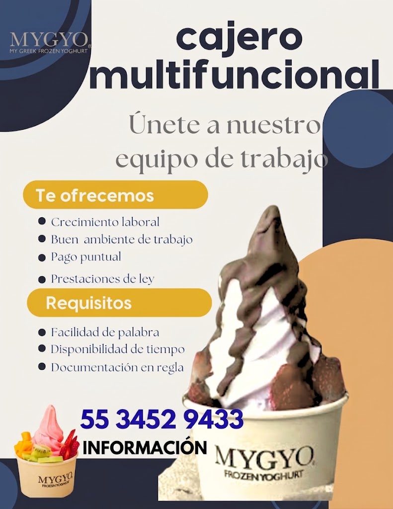 Banner del anuncio de la vacante: MYGYO · MY GREEK FROZEN YOGHURT · cajero · multifuncional · Únete a nuestro · equipo de trabajo · Te ofrecemos · • Crecimiento laboral · • B