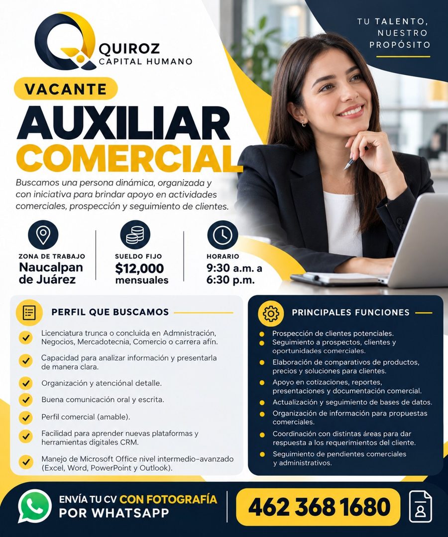 Banner del anuncio de la vacante: TU TALENTO, · NUESTRO · PROPÓSITO · QUIROZ · CAPITAL HUMANO · VACANTE · AUXILIAR · COMERCIAL · Buscamos una persona dinámica, organizada y ·