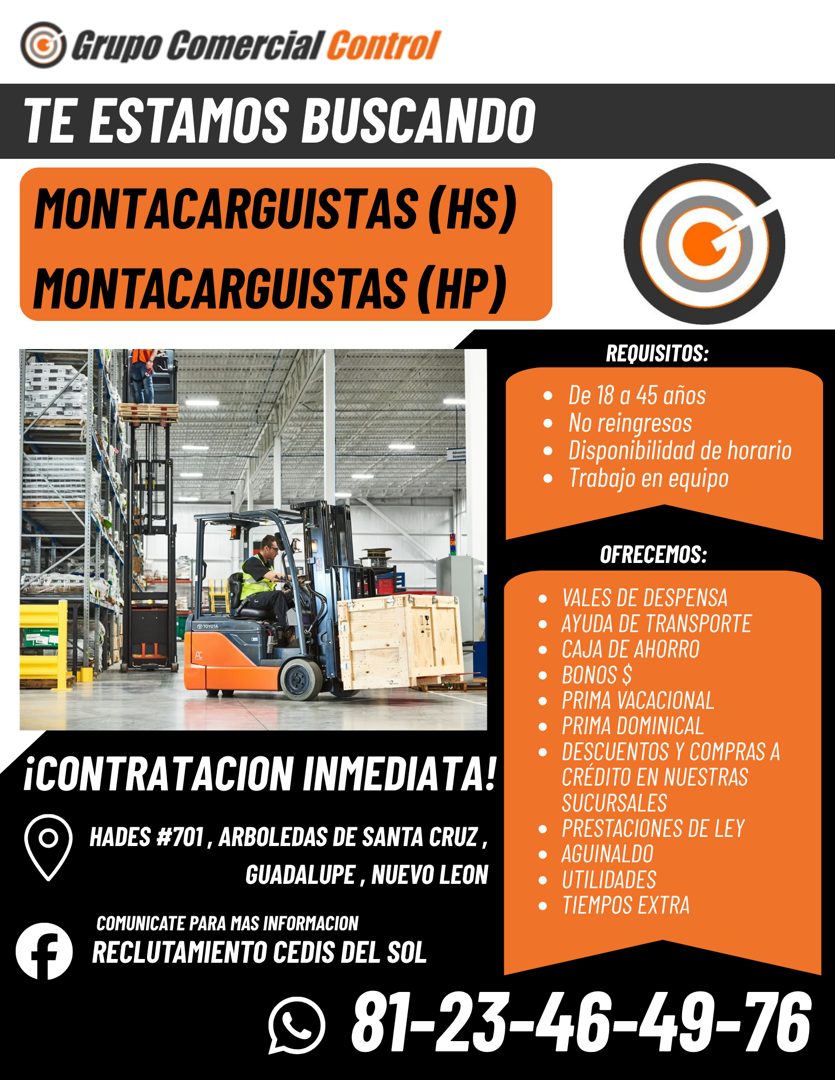 Banner del anuncio de la vacante: Grupo Comercial Control · TE ESTAMOS BUSCANDO · MONTACARGUISTAS (HS) · MONTACARGUISTAS (HP) · REQUISITOS: · • De 18 a 45 años · • No reingre