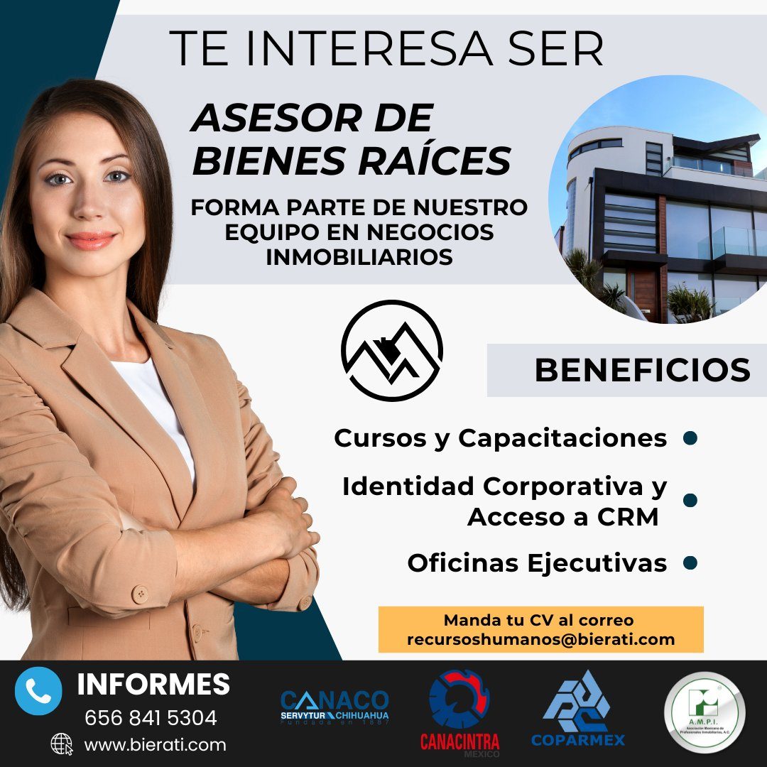 Banner del anuncio de la vacante: TE INTERESA SER · ASESOR DE · BIENES RAÍCES · FORMA PARTE DE NUESTRO · EQUIPO EN NEGOCIOS · INMOBILIARIOS · BENEFICIOS · Cursos y Capacitaci