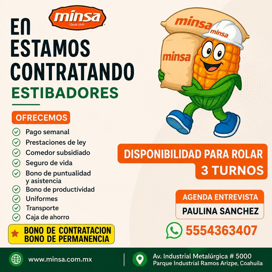 Banner del anuncio de la vacante: minsa · • Desde 1949• · En · ESTAMOS · CONTRATANDO · ESTIBADORES · OFRECEMOS · • Pago semanal · • Prestaciones de ley · • Comedor subsidiado