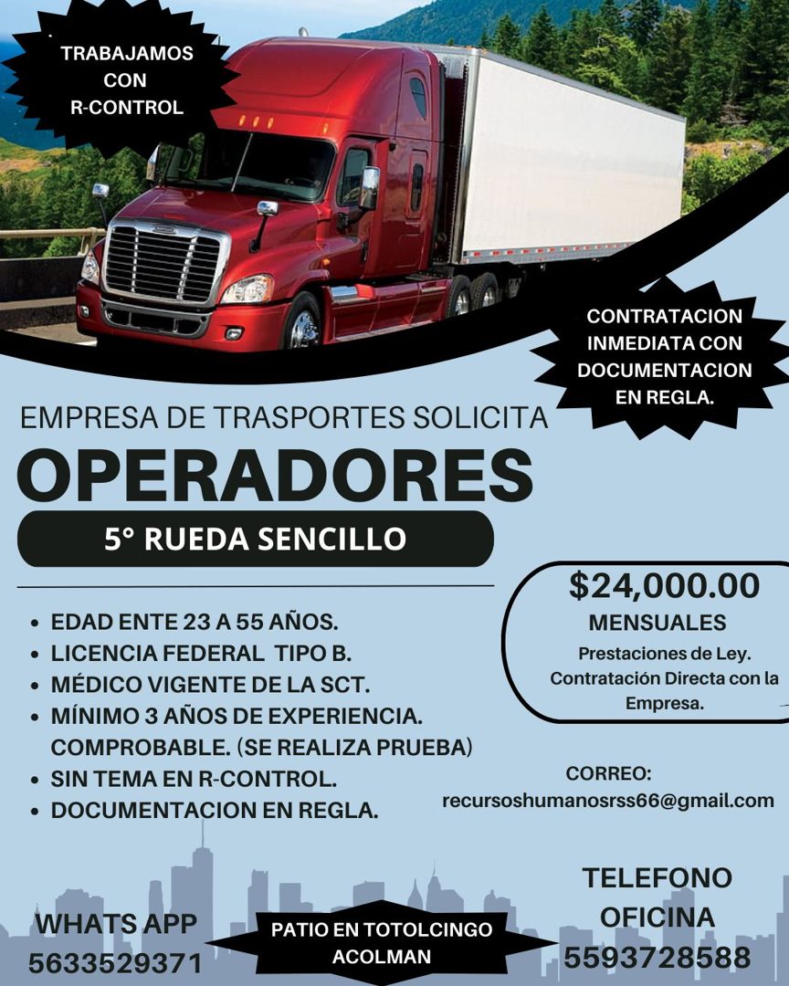 Banner del anuncio de la vacante: TRABAJAMOS · CON · R-CONTROL · CONTRATACION · INMEDIATA CON · DOCUMENTACION · EN REGLA. · EMPRESA DE TRASPORTES SOLICITA · OPERADORES · 5° R
