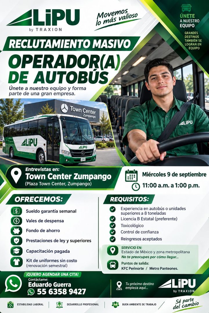Banner del anuncio de la vacante: LiPU · Movemos · lo más valioso · by TRAXION · RECLUTAMIENTO MASIVO · OPERADOR(A) · DE AUTOBUS · Únete a nuestro equipo y forma · parte de u