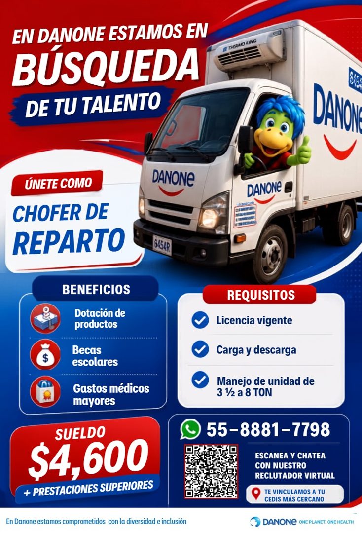 Banner del anuncio de la vacante: EN DANONE ESTAMOS EN · BÚSQUEDA · DE TU TALENTO · & THORMO KINC · DANON · ÚNETE COMO · CHOFER DE · REPARTO · DANONe · DANONE · 6454R · BENEF