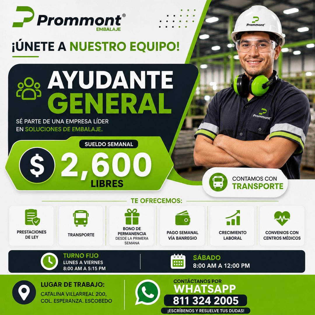 Banner del anuncio de la vacante: Prommont® · EMBALAJE · ¡ÚNETE A NUESTRO EQUIPO! · Prommont® · AYUDANTE · GENERAL · SÉ PARTE DE UNA EMPRESA LÍDER · EN SOLUCIONES DE EMBALAJE