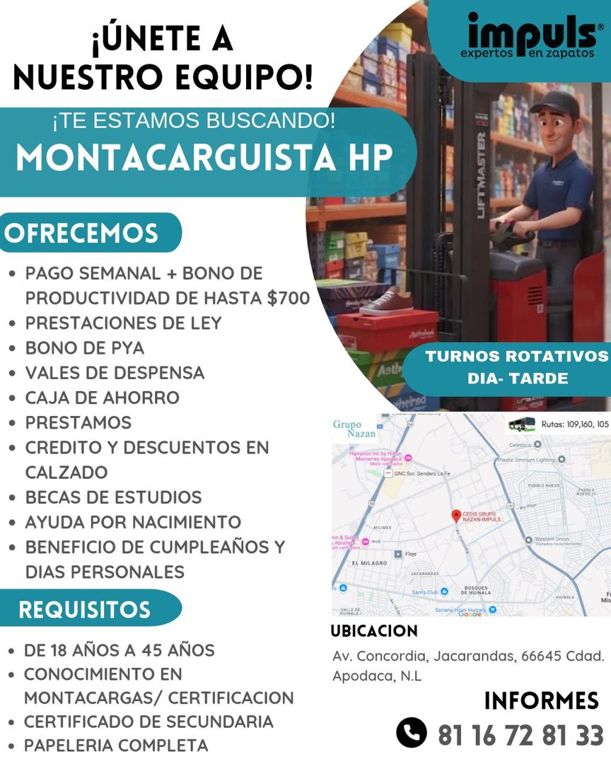 Banner del anuncio de la vacante: ¡ÚNETE A · NUESTRO EQUIPO! · ¡TE ESTAMOS BUSCANDO! · MONTACARGUISTA HP · impuls® · expertos · en zaparos · LIFTMASTER · OFRECEMOS · • PAGO S
