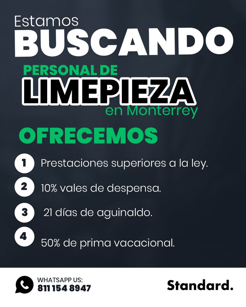 Banner del anuncio de la vacante: Estamos · BUSCANDO · PERSONAL DE · LIMEPIEZA · en Monterrey · OFRECEMOS · Prestaciones superiores a la ley. · 2 · 10% vales de despensa. · 2