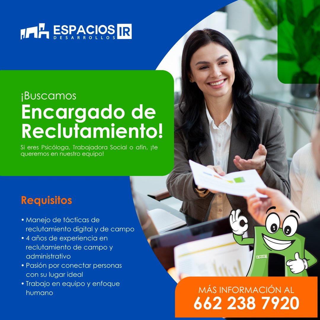 Banner del anuncio de la vacante: MAN ESPACIOS IR · DESARROLLO · ¡Buscamos · Encargado de · Reclutamiento! · Si eres Psicóloga, Trabajadora Social o afin, ite · queremos en n