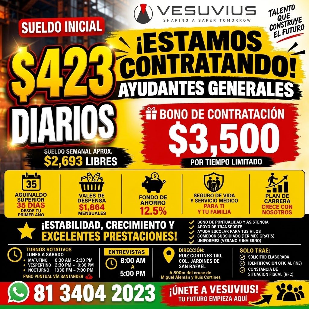 Banner del anuncio de la vacante: VESUVIUS · SUELDO INICIAL · SHAPING A SAFER TOMORROW · TALENTO · QUE · CONSTRUYE · EL FUTURO · ¡ESTAMOS · $423 · CONTRATANDO! · AYUDANTES GE
