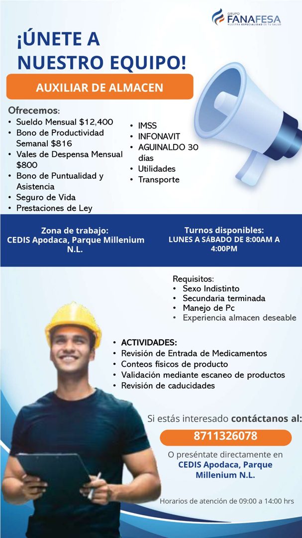 Banner del anuncio de la vacante: FANAFESA · ISPECIALIDAD ES TU SALUD · ¡ÚNETE A · NUESTRO EQUIPO! · AUXILIAR DE ALMACEN · Ofrecemos: · • Sueldo Mensual $12,400 · • Bono de P