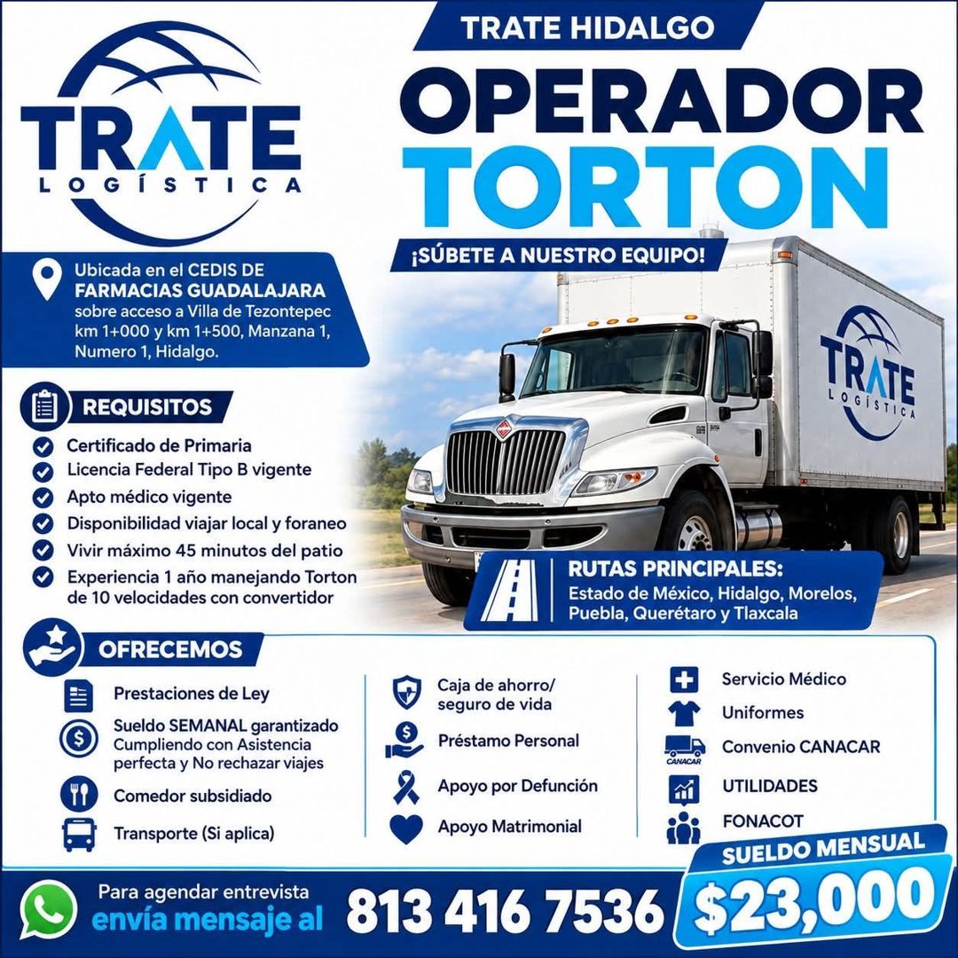Banner del anuncio de la vacante: TRATE · LOGÍSTICA · TRATE HIDALGO · OPERADOR · TORTON · ¡SÚBETE A NUESTRO EQUIPO! · Ubicada en el CEDIS DE · FARMACIAS GUADALAJARA · sobre a