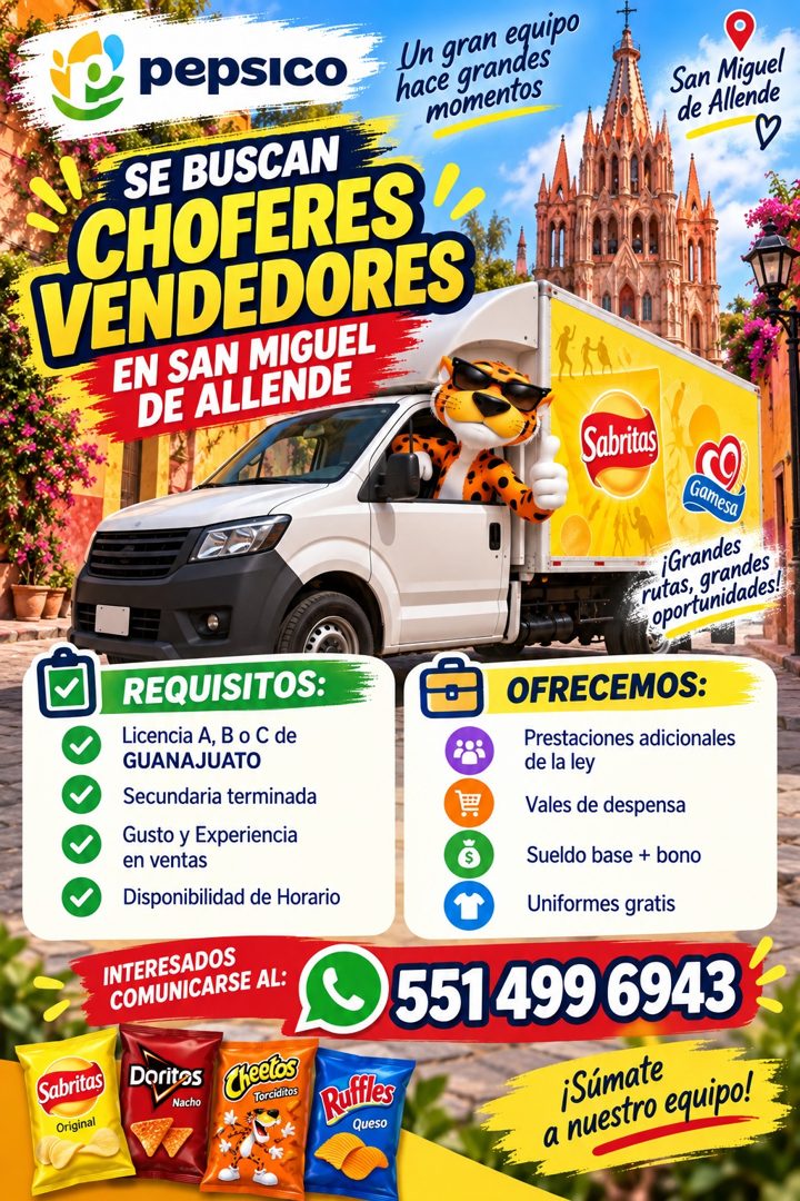 Banner del anuncio de la vacante: pepsico · SE BUSCAN · CHOFERES · VENDEDORES · EN SAN MIGUEL · DE ALLENDE · Un gran equipo · hace grandes · momentos · San Miguel · de Allend