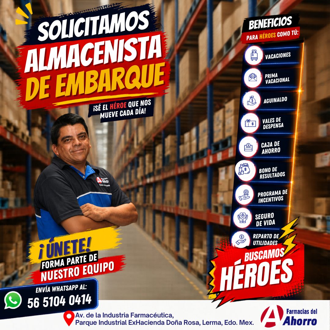 Banner del anuncio de la vacante: SOLICITAMOS · ALMACENISTA · DE EMBARQUE · ¡SÉ EL HÉROE QUE NOS · MUEVE CADA DÍA! · ĂNOl · ¡UNETEL · FORMA PARTE DE · NUESTRO EQUIPO · ENVÍA 