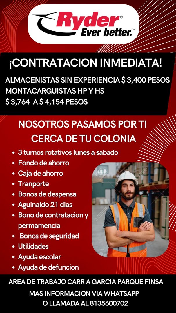 Banner del anuncio de la vacante: Ever better.™ · ¡CONTRATACION INMEDIATA! · ALMACENISTAS SIN EXPERIENCIA $ 3,400 PESOS · MONTACARGUISTAS HP Y HS · $3,764 A$ 4,154 PESOS · NO
