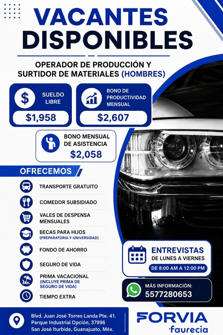 Banner del anuncio de la vacante: VACANTES · DISPONIBLES · OPERADOR DE PRODUCCIÓN Y · SURTIDOR DE MATERIALES (HOMBRES) · SUELDO · LIBRE · $1,958 · BONO DE · PRODUCTIVIDAD · M