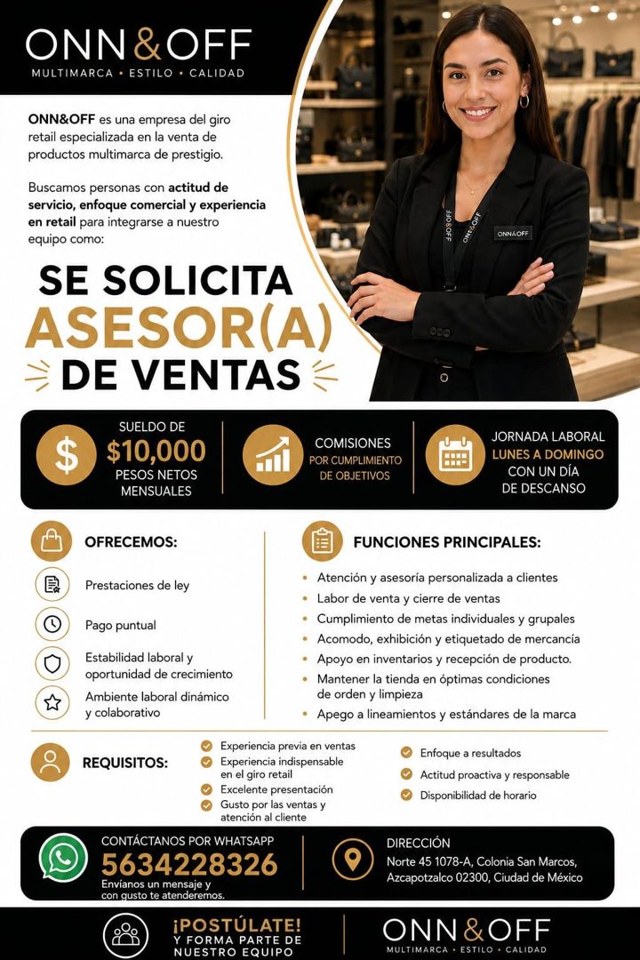 Banner del anuncio de la vacante: ONN&OFF · MULTIMARCA • ESTILO • CALIDAD · ONN&OFF es una empresa del giro · retail especializada en la venta de · productos multimarca de pr